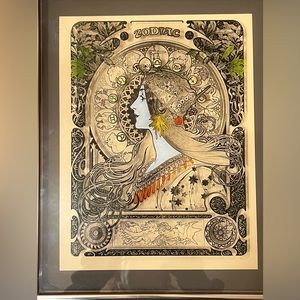 Vintage 1972 zodiac reverse printed Glass shadowbox signed Mucha very beautiful